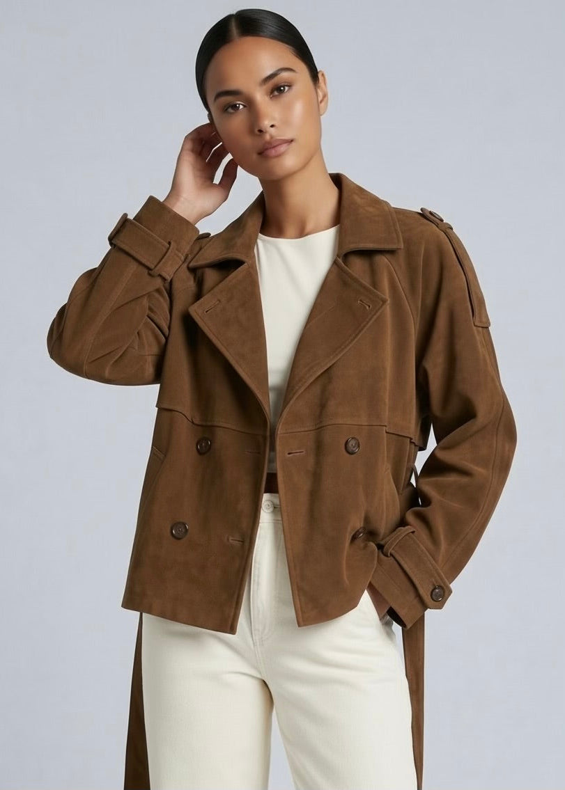 Monty Crop Trench Jacket, Mocha/Faux Suede