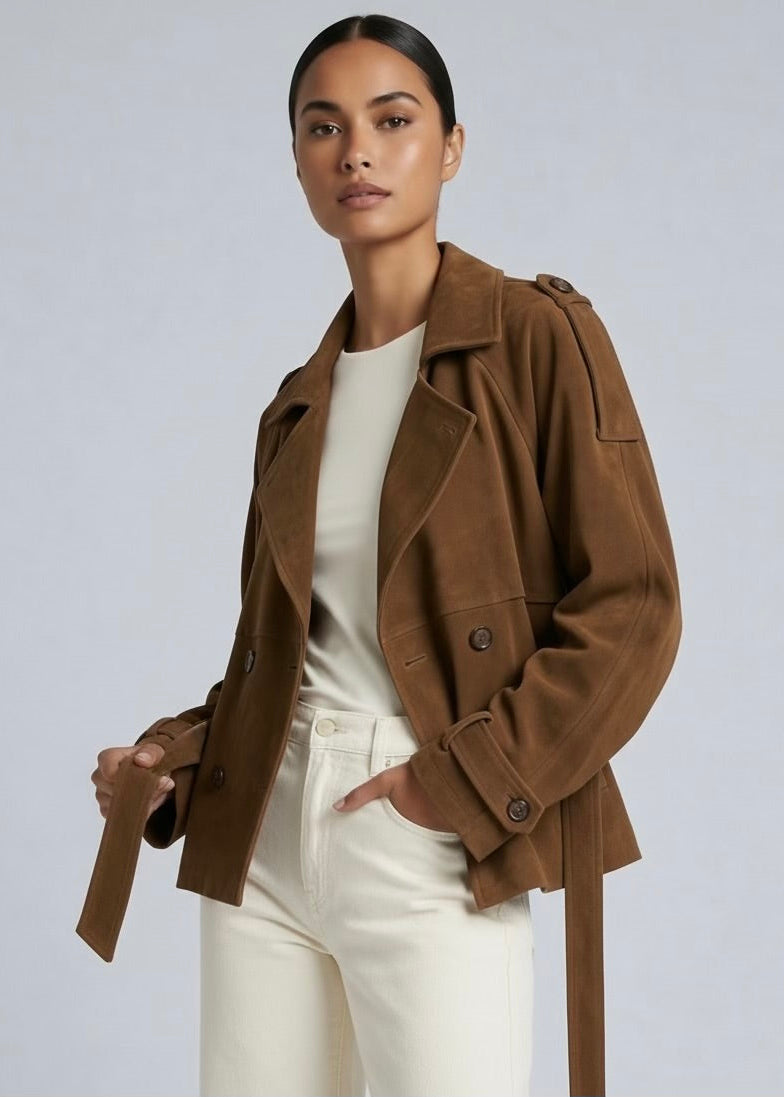 Monty Crop Trench Jacket, Mocha/Faux Suede