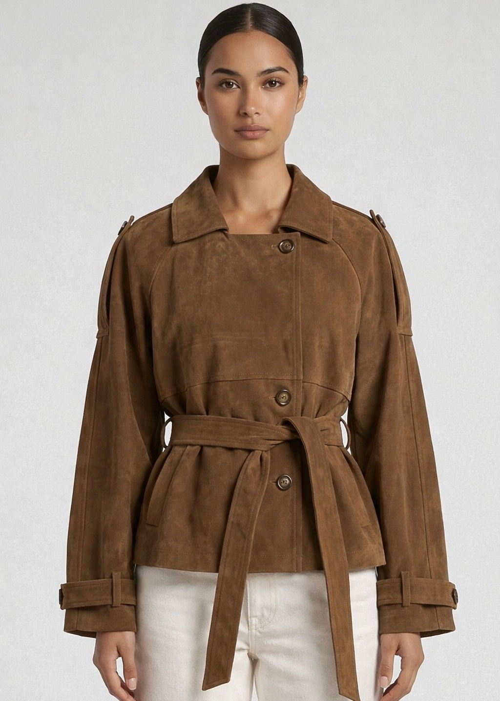 Monty Crop Trench Jacket, Mocha/Faux Suede