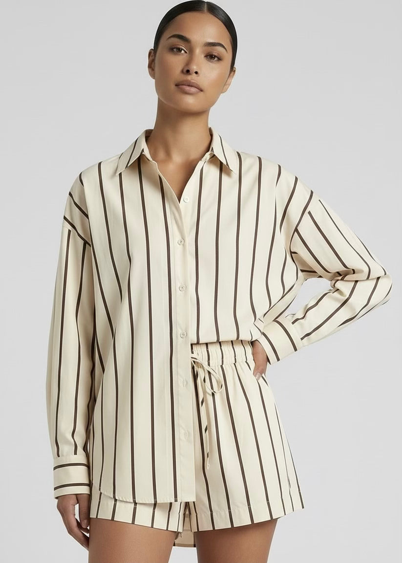 Yarra Button Down Shirt, Cream/Choc Stripe