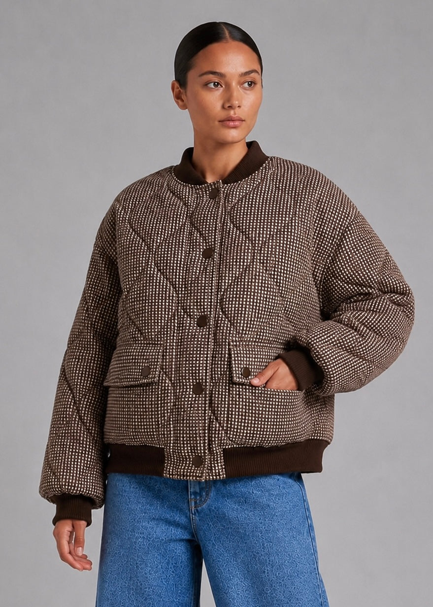 Hutton Quilted Bomber, Choc/Check
