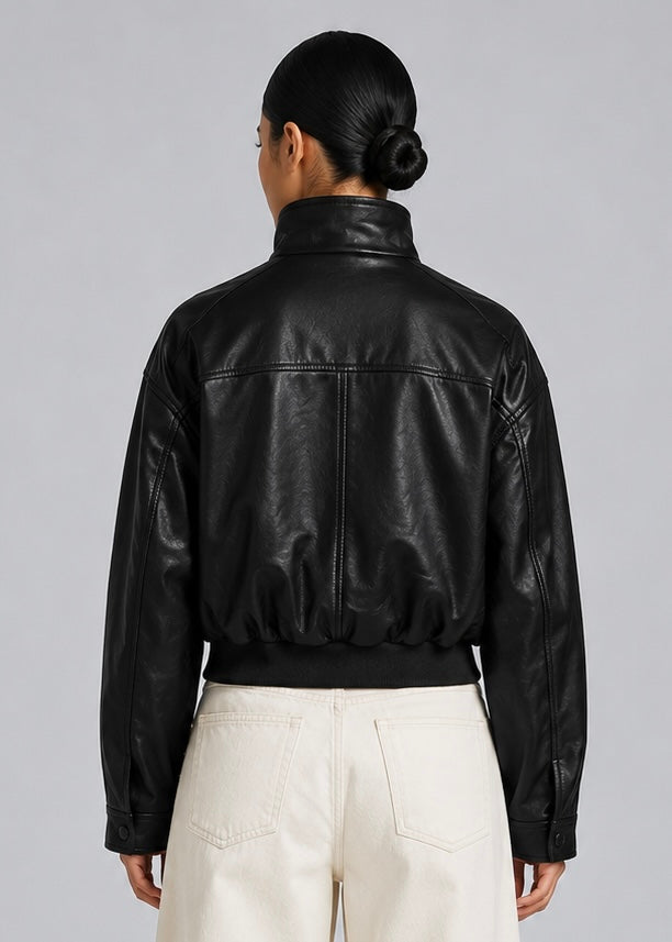 Tally Faux Leather Bomber, Black