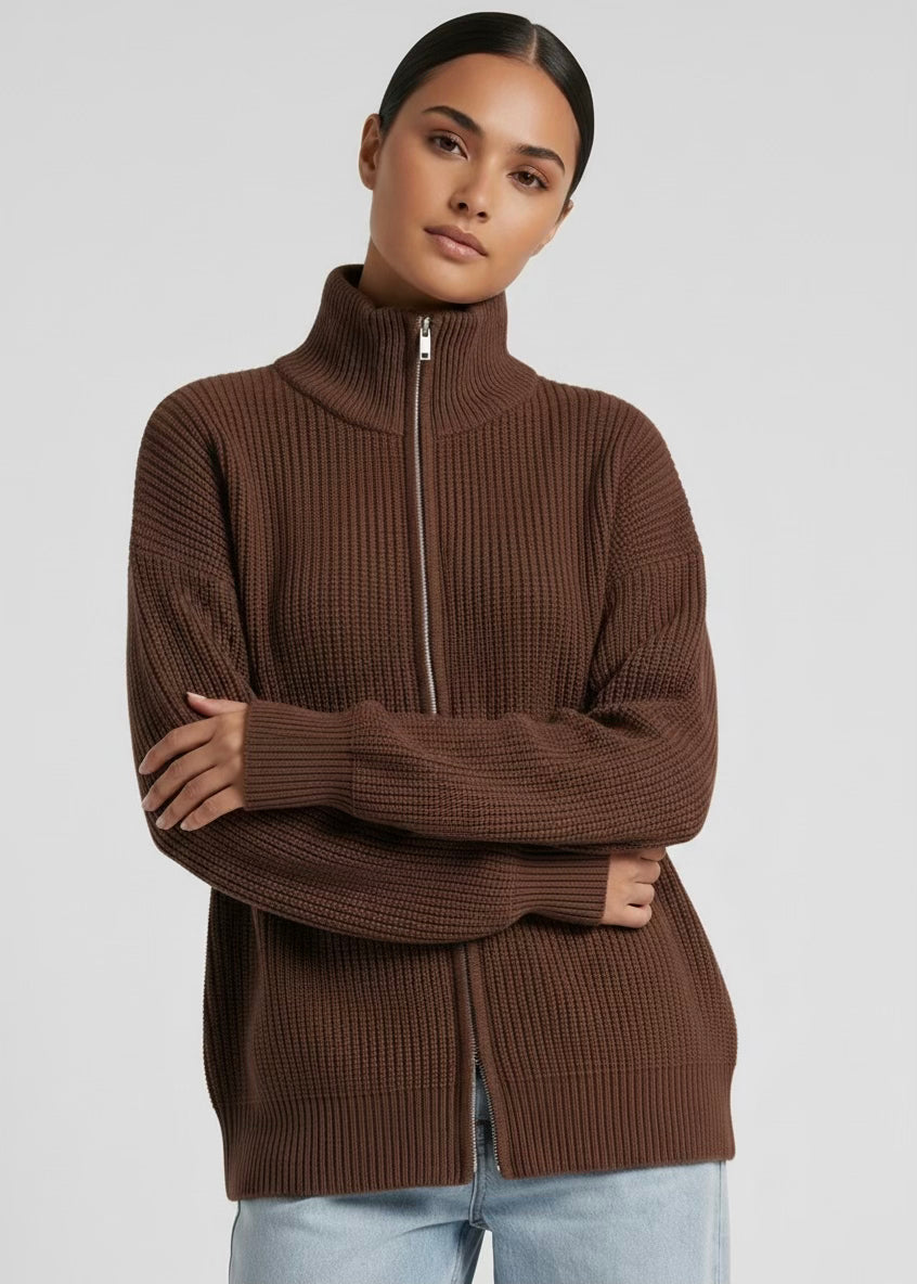 Carter Zip Knit Jumper, Choc