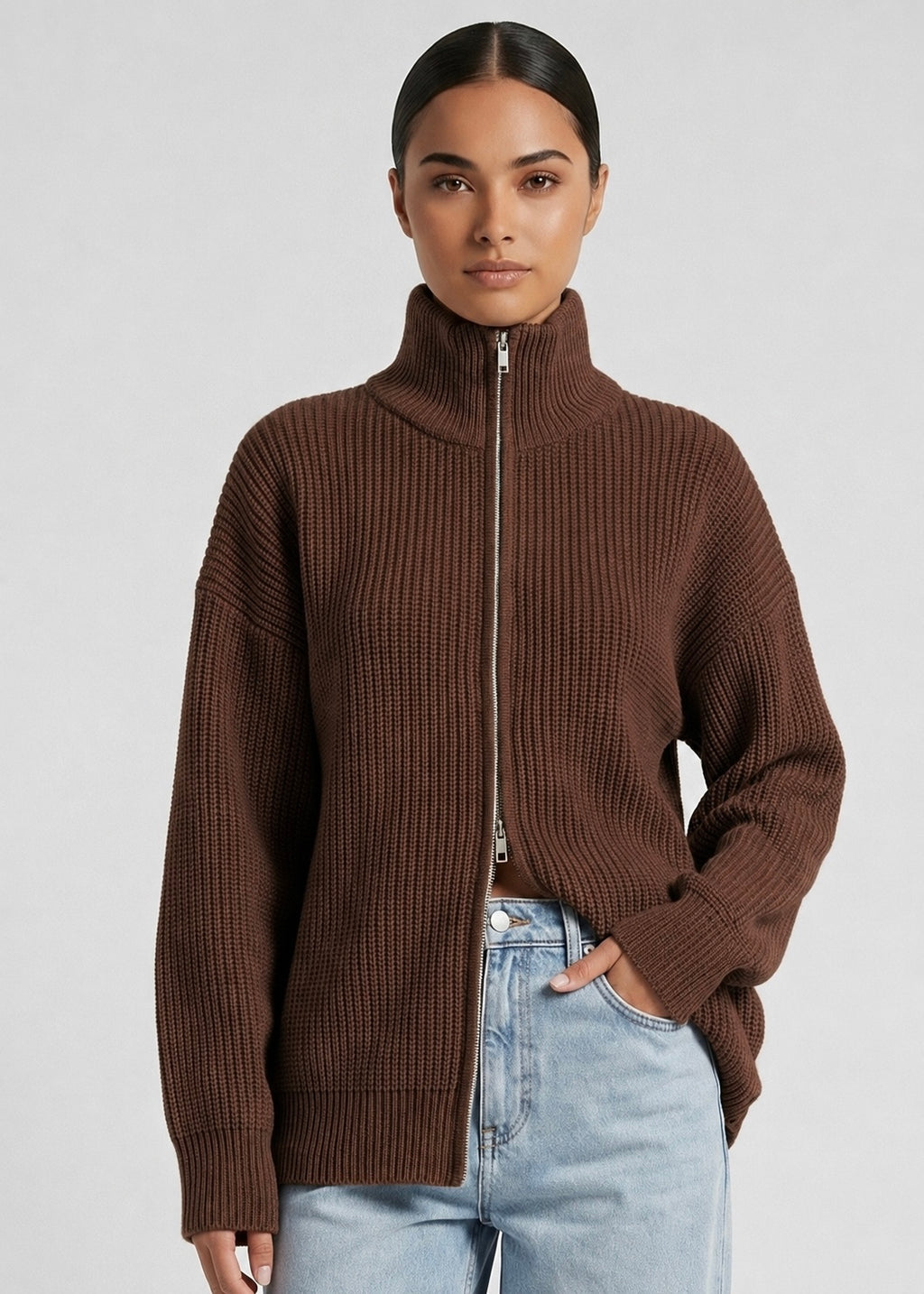 Carter Zip Knit Jumper, Choc