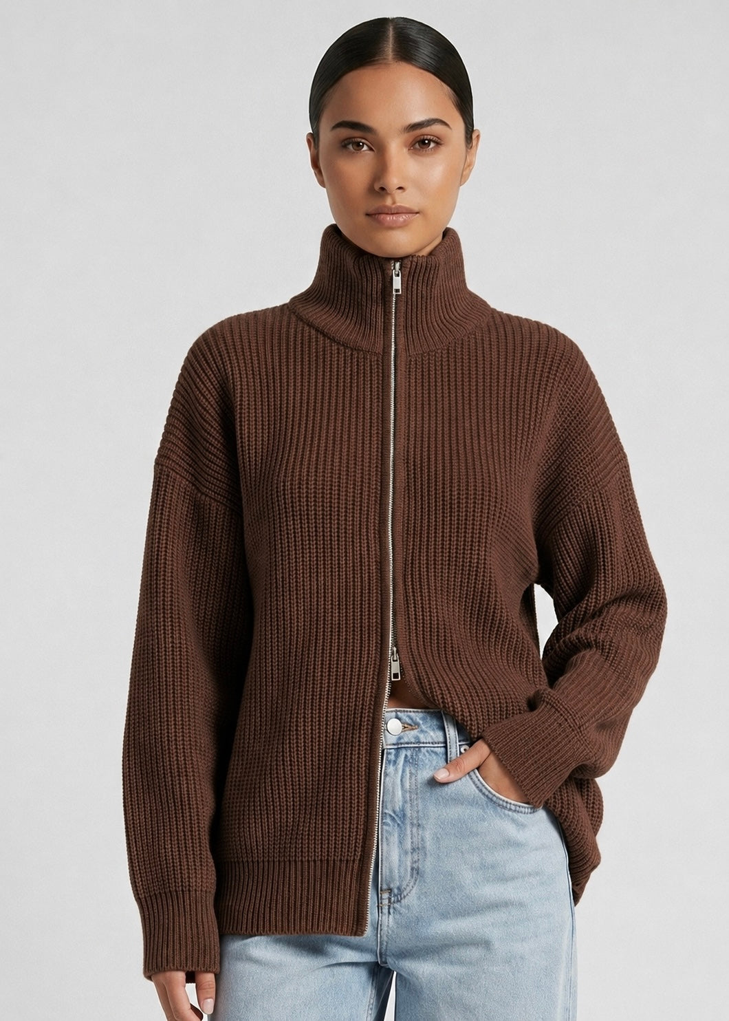 Carter Zip Knit Jumper, Choc