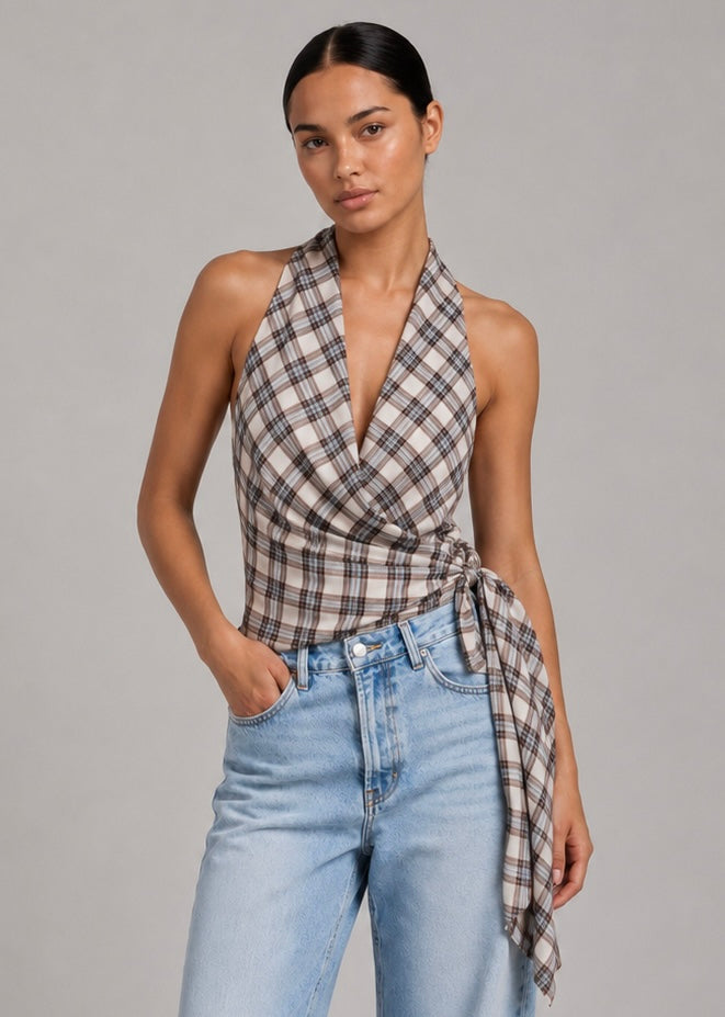 Rari Wrap Top, Plaid/Brown + Blue