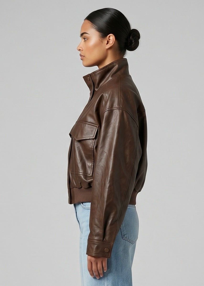 Tally Faux Leather Bomber, Choc
