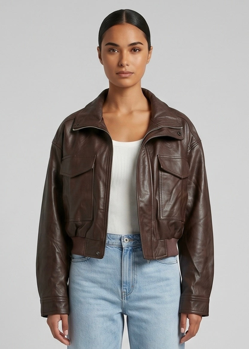 Tally Faux Leather Bomber, Choc