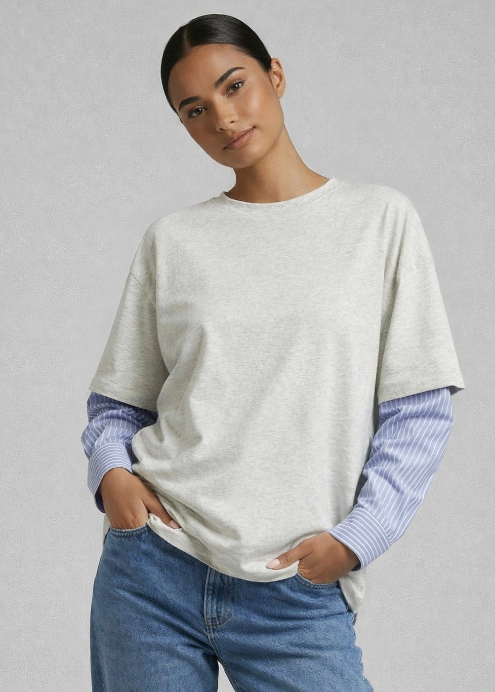 Rigger Long Sleeve Top, Grey/Blue Stripe