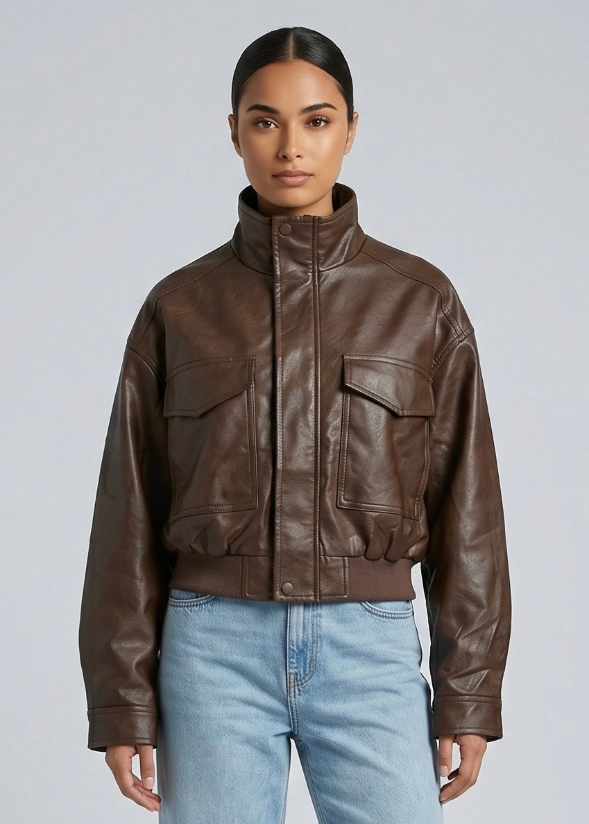 Tally Faux Leather Bomber, Choc