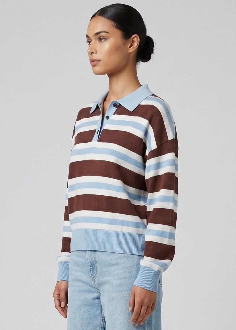 Portsea Crop Knit Top, Blue/Choc Stripe