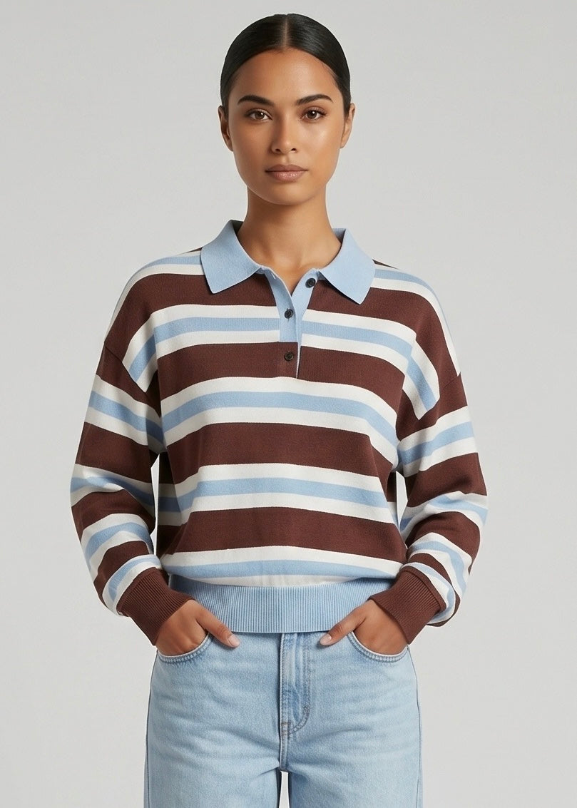 Portsea Crop Knit Top, Blue/Choc Stripe