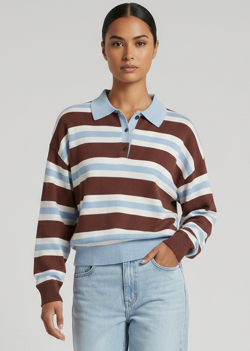 Portsea Crop Knit Top, Blue/Choc Stripe