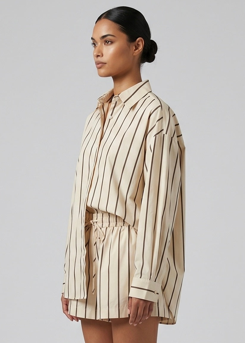 Yarra Button Down Shirt, Cream/Choc Stripe