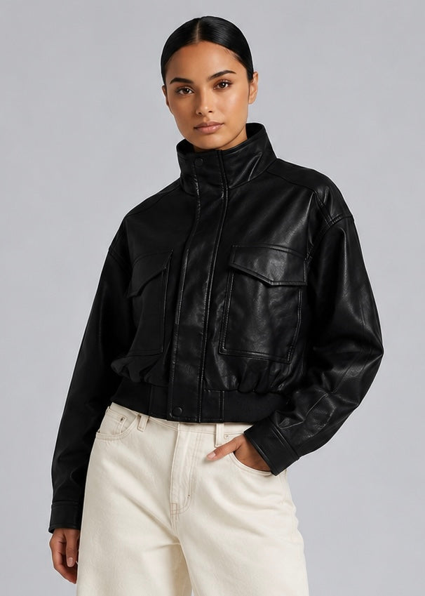 Tally Faux Leather Bomber, Black