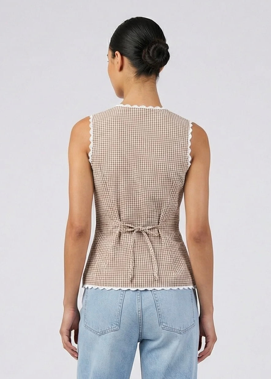 Dolly Button Down Top, Brown Check