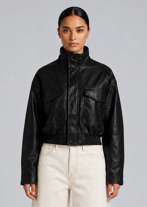 Tally Faux Leather Bomber, Black