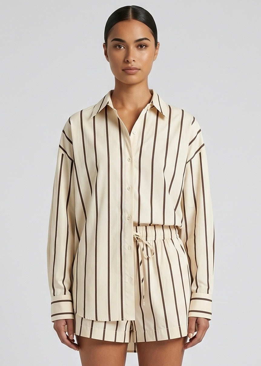 Yarra Button Down Shirt, Cream/Choc Stripe