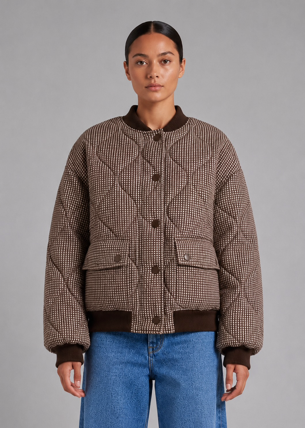 Hutton Quilted Bomber, Choc/Check